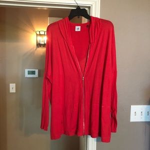 Coral red CAbi casual double zip cardigan w/ hood!